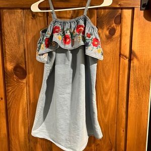 Embroidered off the shoulder spaghetti strap denim dress